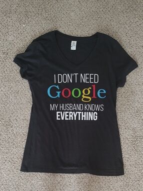 District Black V-Neck Tee with Multicolor 'Google' Style Print